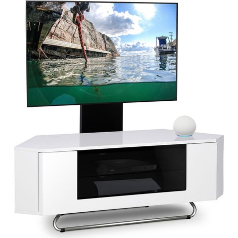 Centurion Supports Hampshire Corner-Friendly Gloss White with Contrast Beam-Thru Remote Friendly Door 26"-50" Flat Screen TV Cabinet with Mounting Arm (1/5)