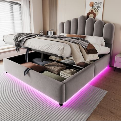 Cama con almacenamiento de 140x200 cm con sistema hidráulico, iluminación LED, cabecero tapizado y somier de láminas, terciopelo - gris. (1/5)