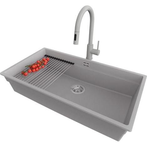 PRIMAGRAN Evier Sous Plan 86x47cm,Evier en Granit 1 bac + Robinet 40x20cm + Kit de Vidage + Égouttoir Enroulable, Évier au meuble 90cm - Prague, Gris (1/5)