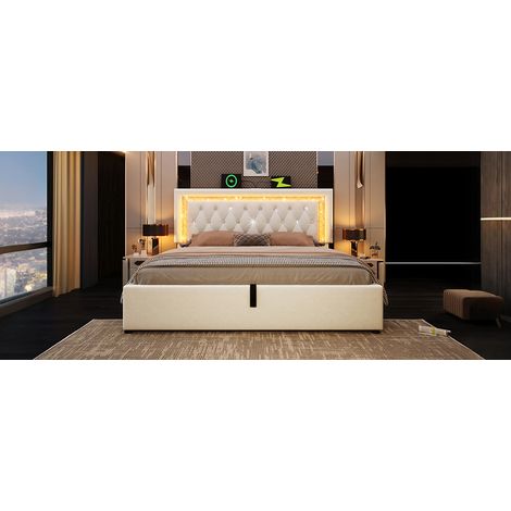 Polsterbett 180x200 cm Samt mit LED-Diamantstreifen, USB/Type-C, Stauraum, Beige (1/5)