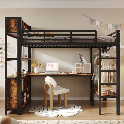 Lit mezzanine 90x200 cm – avec bureau penderie rangements et étagères – Métal et MDF – Noir (1/5)
