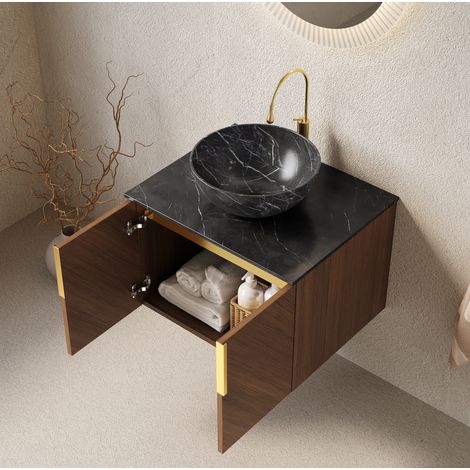 Mueble de baño suspendido 61 cm con lavabo negro, 2 puertas, madera marrón efecto roble DESVIAE (1/5)