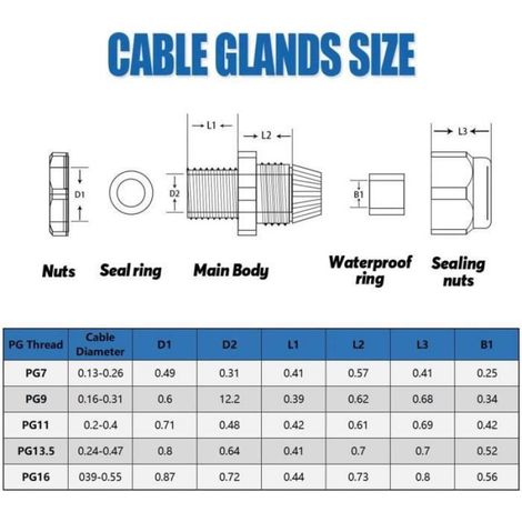 25 Pcs Presse-étoupes, Étanche PG7, PG9, PG11, PG13.5, PG16 Contre-écrou Presse-étoupe Réglable 3-15mm Plastique