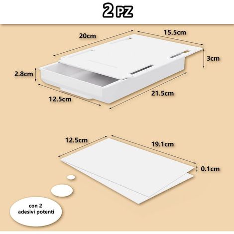 2 selbstklebende Schubladeneinsätze für unter den Schreibtisch, versteckter Schreibtisch-Organizer, weißer Schubladen-Organizer – 22 × 15,5 × 3 cm (1/5)