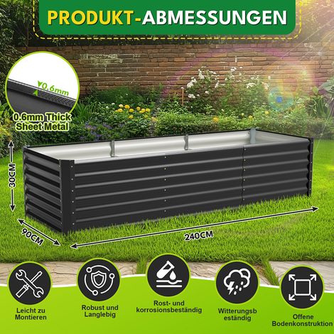 Randaco Huerto urbano elevado XXL 240x90x60cm, altura 60cm ergonómica, acero galvanizado ultra robusto 0.6mm, jardinera estable todo el año, Negro