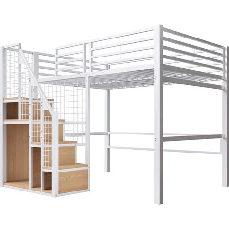 Letto a soppalco 140 x 200 in metallo bianco con scala di sicurezza e vano portaoggetti HOMVRA (1/5)