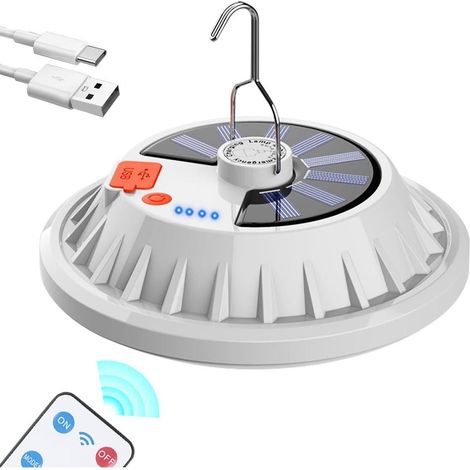 Lampe solaire de camping avec télécommande : lampe de tente portable rechargeable par USB avec 120 LED. (1/5)