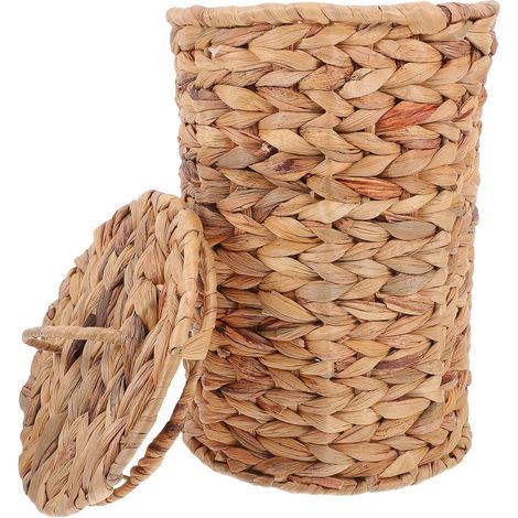 Poubelle en Osier Couvercle, Corbeille à Papier Compacte pour Salle de Bain et Chambre, Panier de Tri en Rotin Naturel Tressé, Usage Maison et Bureau (1/5)