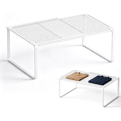Étagère Extensible Blanche, Organiseur Empilable en Métal avec Cloisons Séparatrices et Tablettes Coulissantes, Multifonction pour Armoire à Chaussures Cuisine Salle de Bain (1/5)