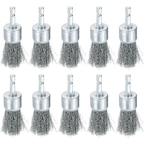 Brosse à fil pour perceuse 1" Ø roue abrasive tige hex 1/4" acier carbone ondulée grossière (1/5)