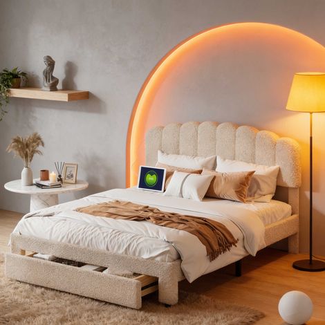 Lit 160x200cm – Lit adulte -   Polaire beige ours – Tiroir à roulettes – USB/Type‑C – Tête de lit réglable