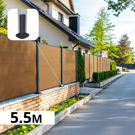 Kit Clôture Composite sur Muret CRUZ Cèdre 5,53x1,2m - Bois composite & Aluminium - Poteaux sur Platines Gris Anthracite - Brise vue