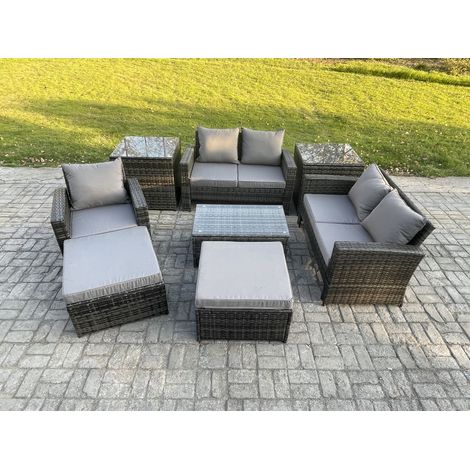 Fimous Rattan Garden Furniture Set 7 Seater Patio Outdoor Lounge Sofa Chair Set with Rectangular Coffee Table 2 Big Footstool 2 Side Tables Dark Grey Mixed (1/5)