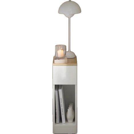 Comodino, design minimalista, cassetto contenitore, bianco e naturale (1/2)