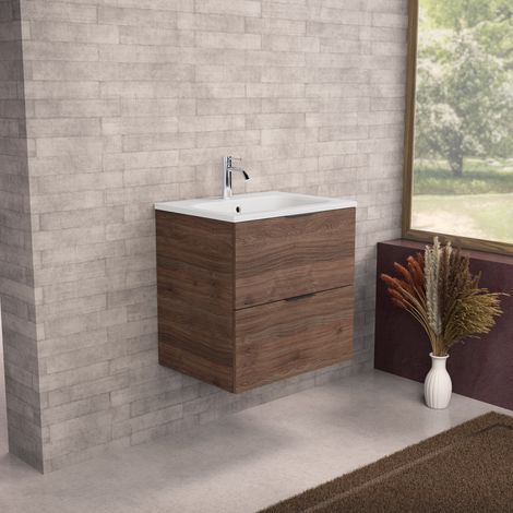 Inda - Meuble de salle de bain L.60 avec vasque mate / Chêne brun (1/5)