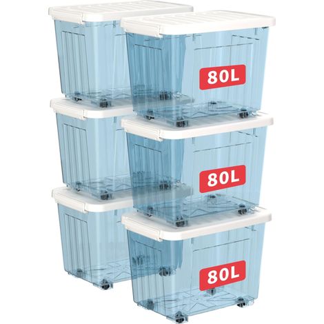80L6 Boîtes de Rangement avec Couvercles, Boîte de Rangement en Plastique avec Clips et Roulettes, Empilables, Encastrables, pour Placard de Bureau à Domicile, Bleu Transparent, 80L, Lot de 6 (1/5)