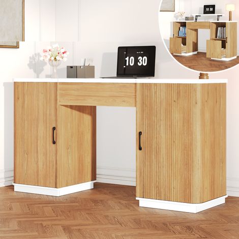Scrivania regolabile 140x50x78-92 cm in MDF bianco e rovere, 2 cassetti - MEUBLIV (1/5)
