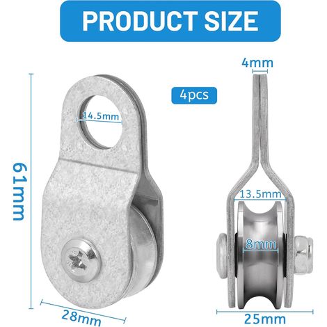 LALAGO 4 pièces Poulie de Renvoi avec 2 Roulements à Billes, Poulie de Renvoi Convient pour des Câbles Jusqu'à 8 mm Câble en Acier, Poulie à Câble Petite Capacité de Charge 32 kg, Galets de Poulie