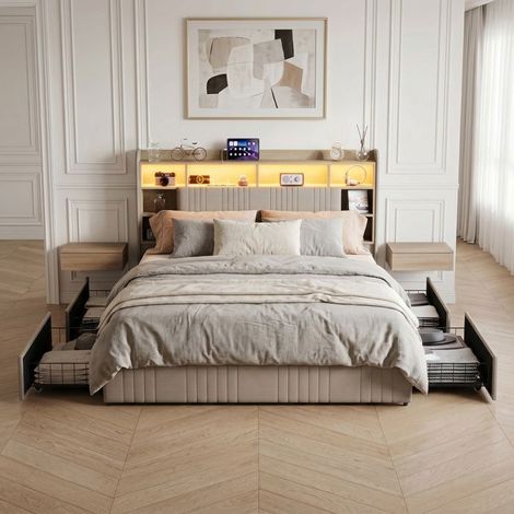 Lit 2 places - 160x200 - Tissu lin beige - 4 tiroirs de rangement - USB & LED intégrés (1/5)