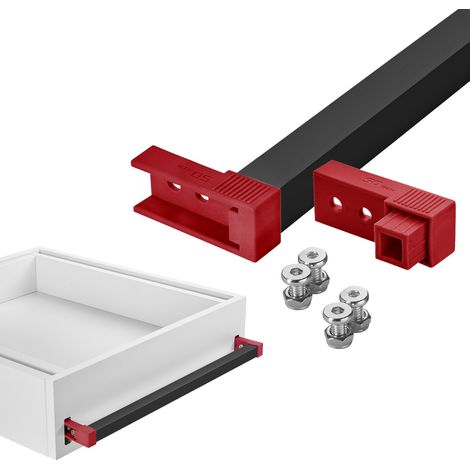 SOTECH VarioSlide Pat. Einhandverriegelung für Schubladen mit Front Breite 600 mm Schwarz eloxiert mit rotem Adapter für VarioSlide Schwerlastauszüge KV2-100-H53-Lxxx-EH & KV2-200-H76-Lxxx-EH
