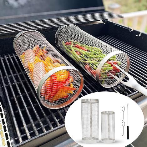 Set mit 2 rollbaren Grillkörben für den Grill, tragbare Gemüsekörbe, Grillzubehör für draußen, runder Grill für Gemüse, Pommes frites, Fisch (1/5)