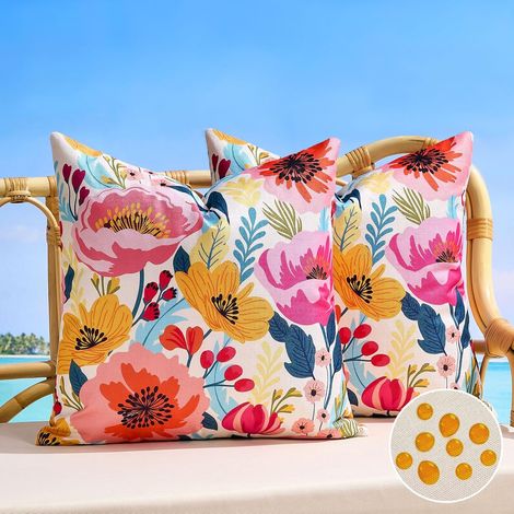 Housses de Coussin Carrées Décoratives À Fleurs Roses 40x40 cm, Exterieur Imperméables pour Canapé D'Extérieur, Jardin, Balcon, Salon, Style Champêtre, été, Lot de 2 (1/5)