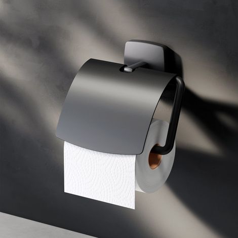 AM.PM Toilettenpapierhalter mit Deckel Wandmontage ohne bohren klebend Klopapierhalter Edelstahl WC Papierhalter Badezimmer Edelstahl, Schwarz matt