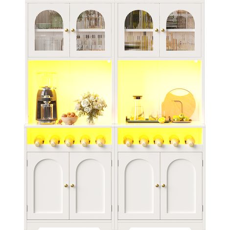 Lot de 2 buffets hauts blancs 180cm avec LED RGB, portes en verre et porte-bouteilles, rangement cuisine (1/5)