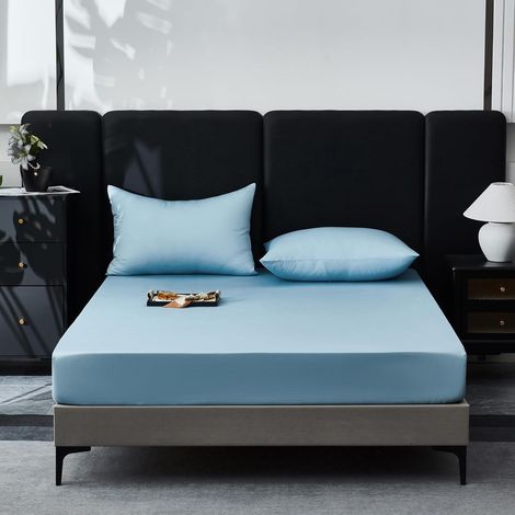 Drap Housse 140x190 Coton Satin Bleu Clair Bonnet 30 cm Drap Housse 140x190 Satin de Coton Rafraîchissant Doux Respirant Deluxe Soyeux Drap de lit pour Matelas Épais, Certifié Oeko-Tex (1/5)