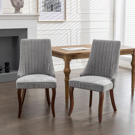 Chaises de salle à manger en lin velours de rayonne, chaises de cuisine, chaises de détente rembourrées en tissu confortable, avec pieds en bois massif incurvés, lot de deux (gris)