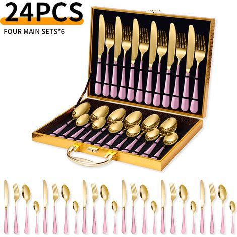 24-teiliges Edelstahl-Besteckset für 6 Personen – mit Geschenkbox – rosa und gold – (1/5)