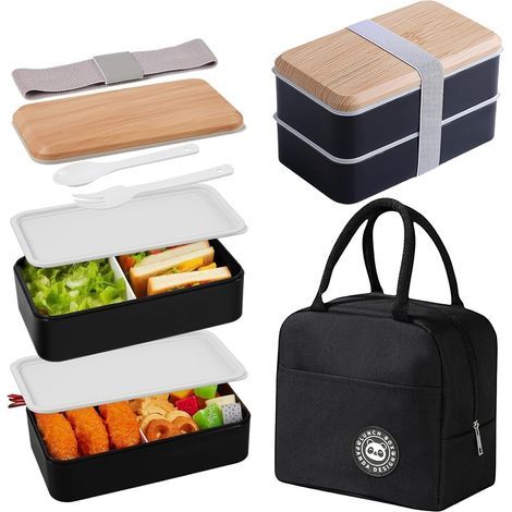 Bento Lunch Box avec Sac Isotherme, 1400ml 2 Couches Boite Repas Compartiment pour Adulte et Enfant, Micro Onde, Hermétique Boîtes Bento pour Travail École Pique Nique (Noir) (1/5)
