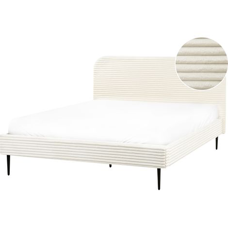 Cama con somier tapizado de pana 160 x 200 cm blanco crema Flayat