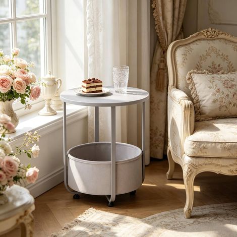 Table basse ronde 45x50 cm avec panier gris OKMYHOME (1/4)