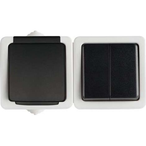 Double interrupteur - Prise française 16A - IP54 - Protection enfants - Gris (1/5)