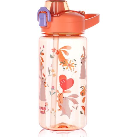 600ML Gourde Enfant avec Paille, Bouteille Enfant, Verrouillage Sécurisé, Anti-Fuite, Réutilisable, sans BPA Tritan pour l'école Sport (Orange-Lapins) (1/5)