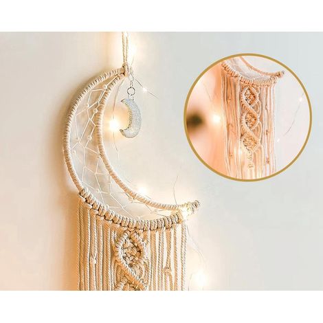 Attrape rêves lumineux en macramé style bohème avec décoration murale et crochet de suspension pour chambre enfant et décoration intérieure (1/4)