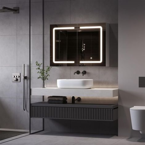 Armario de baño moderno con LED de 3 colores y espejo - Mueble de almacenamiento de pared para baño - 2 puertas 80 cm (1/5)