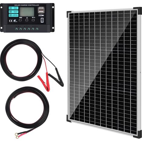 [50W Panneau Solaire 12V Kit] 50Watt Monocristallin Panneaux Solaires Set: 50W 12V Panneau Solaires+10A PWM Régulateur de Charge, 4 Pcs Solaire Câble, Panneau Solaire Camping Car Toits Bateau (1/5)