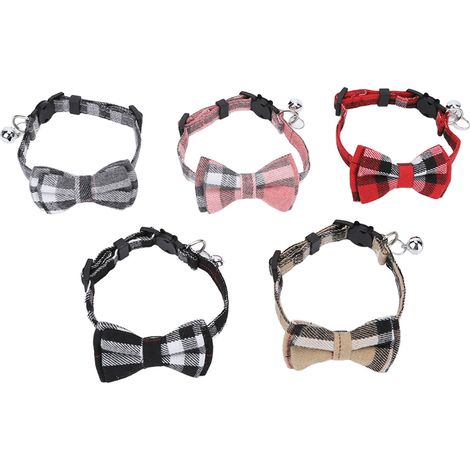 Juego de 5 collares para mascotas, ajustables de 21 a 27 cm, con pajarita a cuadros y cascabel, para perros y gatos. (1/5)