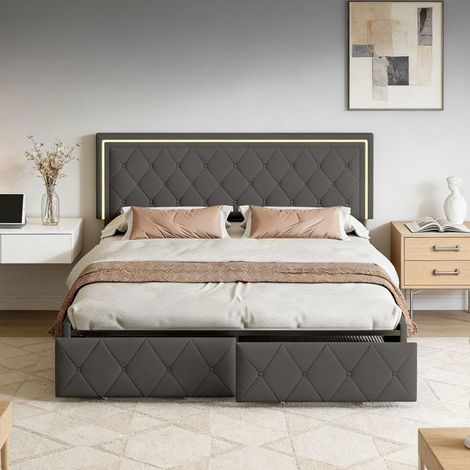 Letto matrimoniale 140x190 cm - POCKETPOP - Testata regolabile in altezza - Illuminazione LED - 4 cassetti di stoccaggio