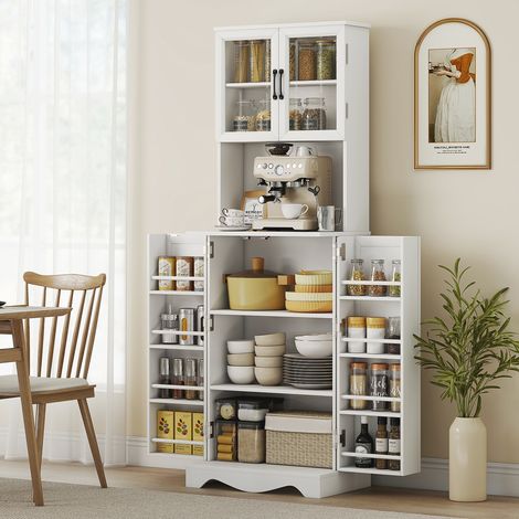 Buffet haut cuisine armoire de cuisine 4 portes 8 porte-épices plan de travail étagère réglable 60x39.5x179.6cm blanc