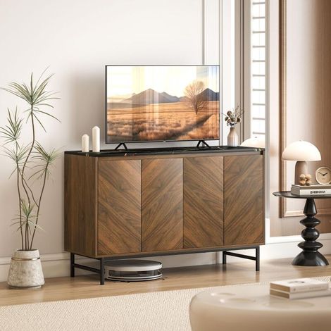 Meuble TV, meuble télé avec 4 portes, plateau effet marbre, étagères réglables, 120x39x76cm, noyer