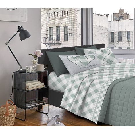 Completo Letto Stampato Made In Italy 100 % Cotone Set Lenzuolo Sopra Sotto Federe Lovelycheck Verde - Una piazza e mezza