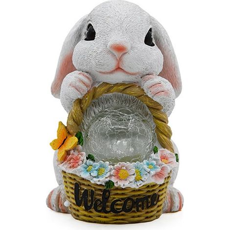 Statue de jardin solaire, lampe décorative de jardin en forme de lapin solaire, décoration de pelouse avec panier de fleurs et boule magique, lapin blanc (1/5)