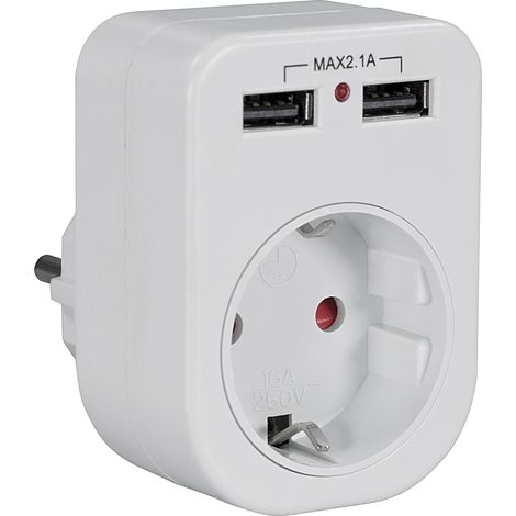 Usb charging adapter 2.1a cee 7/4 plug to socket and 2x usb a sockets, 5v / 2.1 total current (1/3)