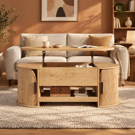 Table basse relevable 110 x 55 x 55 cm en MDF, avec rangement caché, portes coulissantes latérales et tablette extractible, design rainuré bois clair pour salon – CHICFURN (1/5)