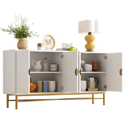 Buffet avec texture en relief 160 cm, meuble à 4 portes avec poignées dorées brossées et pieds de table brillants, blanc, 160×40×82 cm (ancien SKU N657P28156667W)