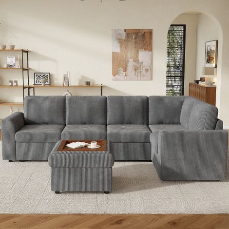 Canapé 6 places longueur 282 x hauteur 85 x profondeur 153 cm, canapé d'angle en L en velours côtelé avec accoudoirs, 1 tabouret multifonction amovible, facile à monter, mousse haute densité, gris