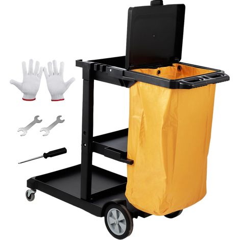 Chariot de nettoyage 3 étagères, capacité 200 lbs, avec sac PVC 25 gallons et couverture, 120 x 51 x 98 cm, jaune et noir. (1/5)